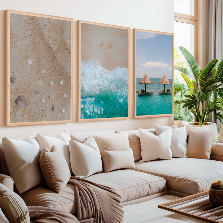 Tropical Beach Wall Art Set – Relaxing Coastal Print Trio - Natural Wood Framed Poster No Border - Artworksets