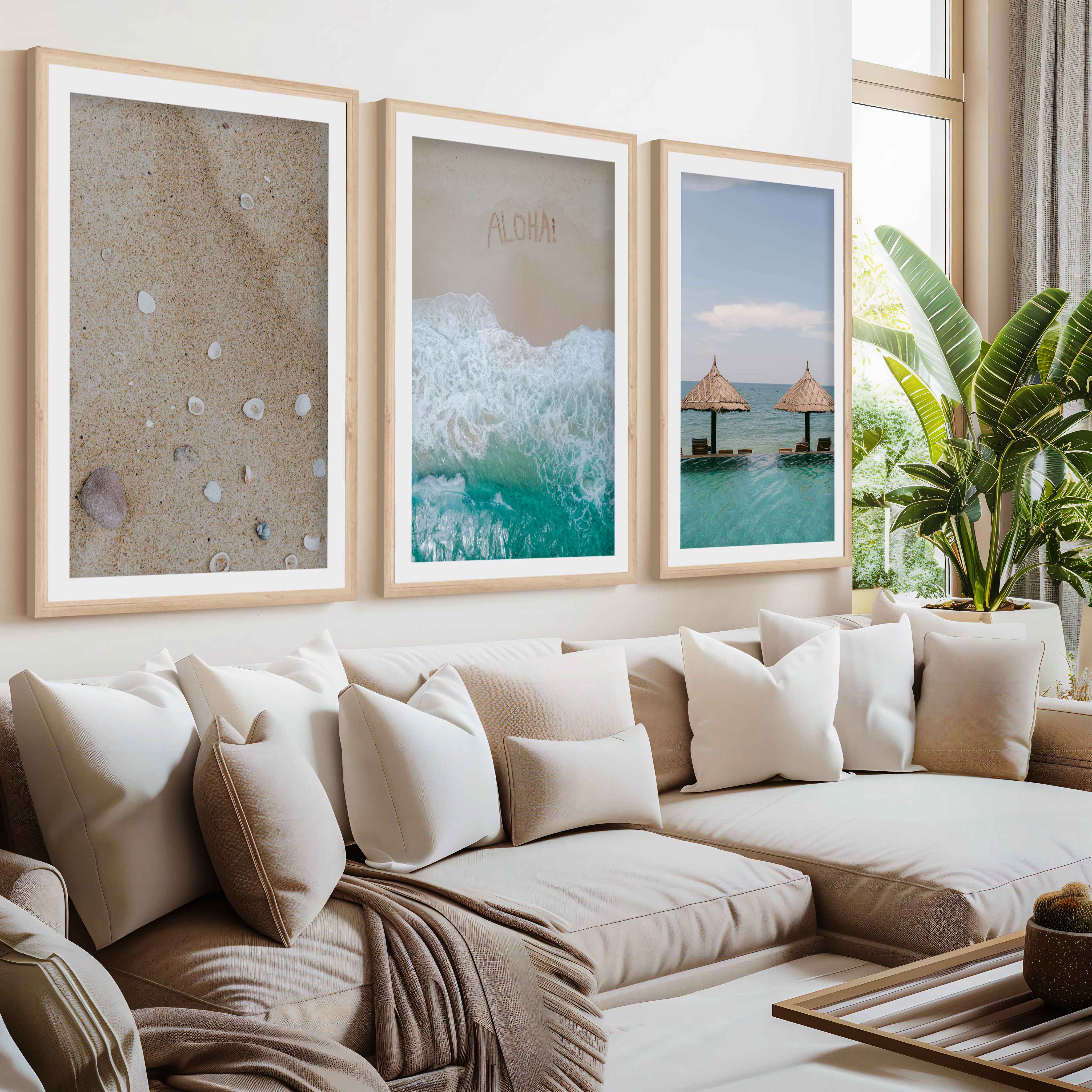 Tropical Beach Wall Art Set – Relaxing Coastal Print Trio- Natural Wood Framed Poster with White Border - Artworksets