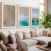 Tropical Beach Wall Art Set – Relaxing Coastal Print Trio- Natural Wood Framed Poster with White Border - Artworksets