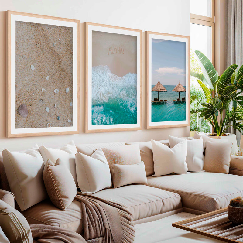 Tropical Beach Wall Art Set – Relaxing Coastal Print Trio- Natural Wood Framed Poster with White Border - Artworksets