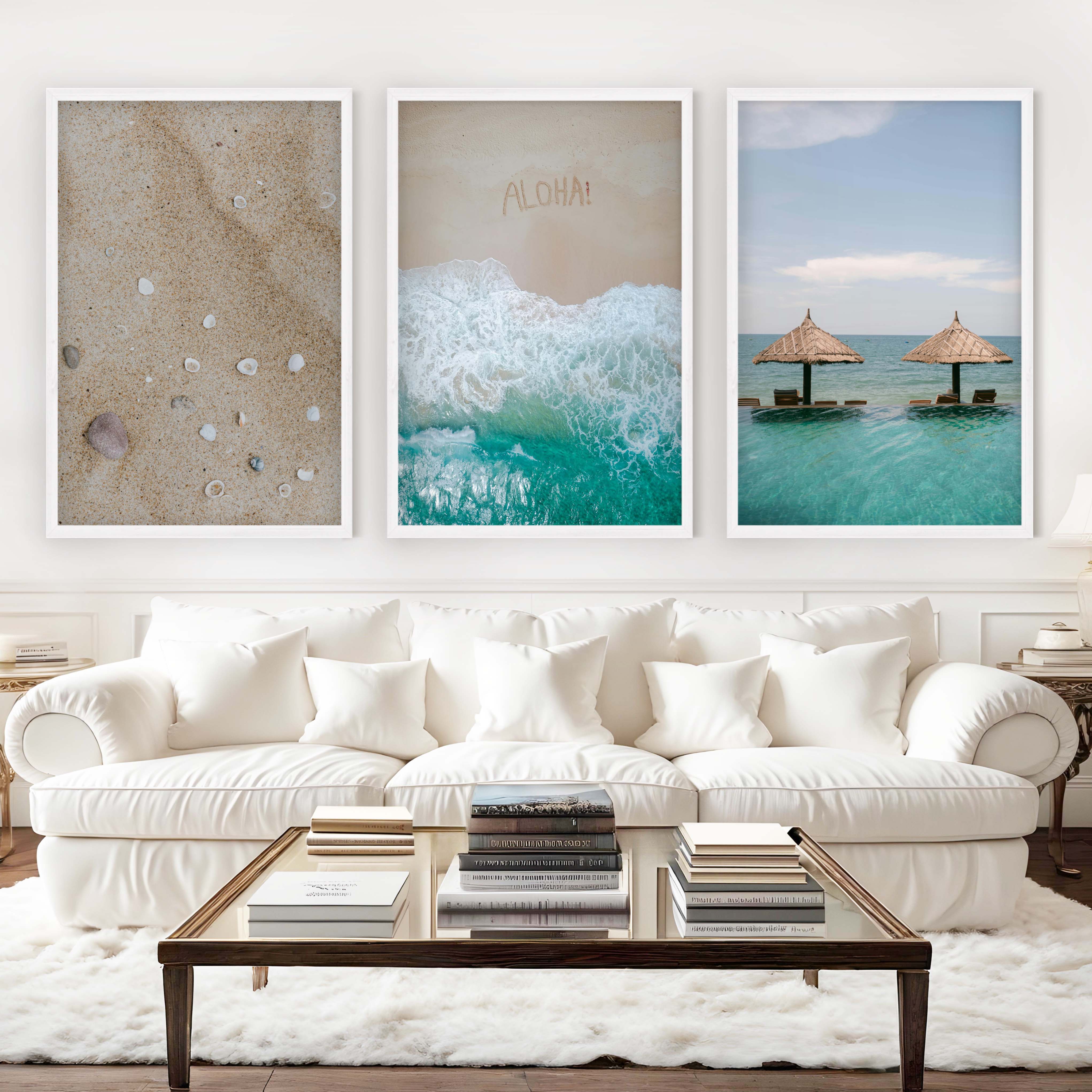 Tropical Beach Wall Art Set – Relaxing Coastal Print Trio - White Framed Poster No Border - Artworksets