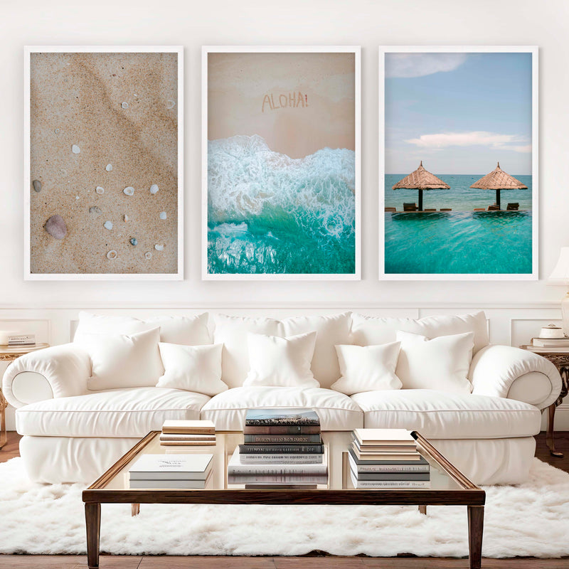 Tropical Beach Wall Art Set – Relaxing Coastal Print Trio - White Framed Poster No Border - Artworksets