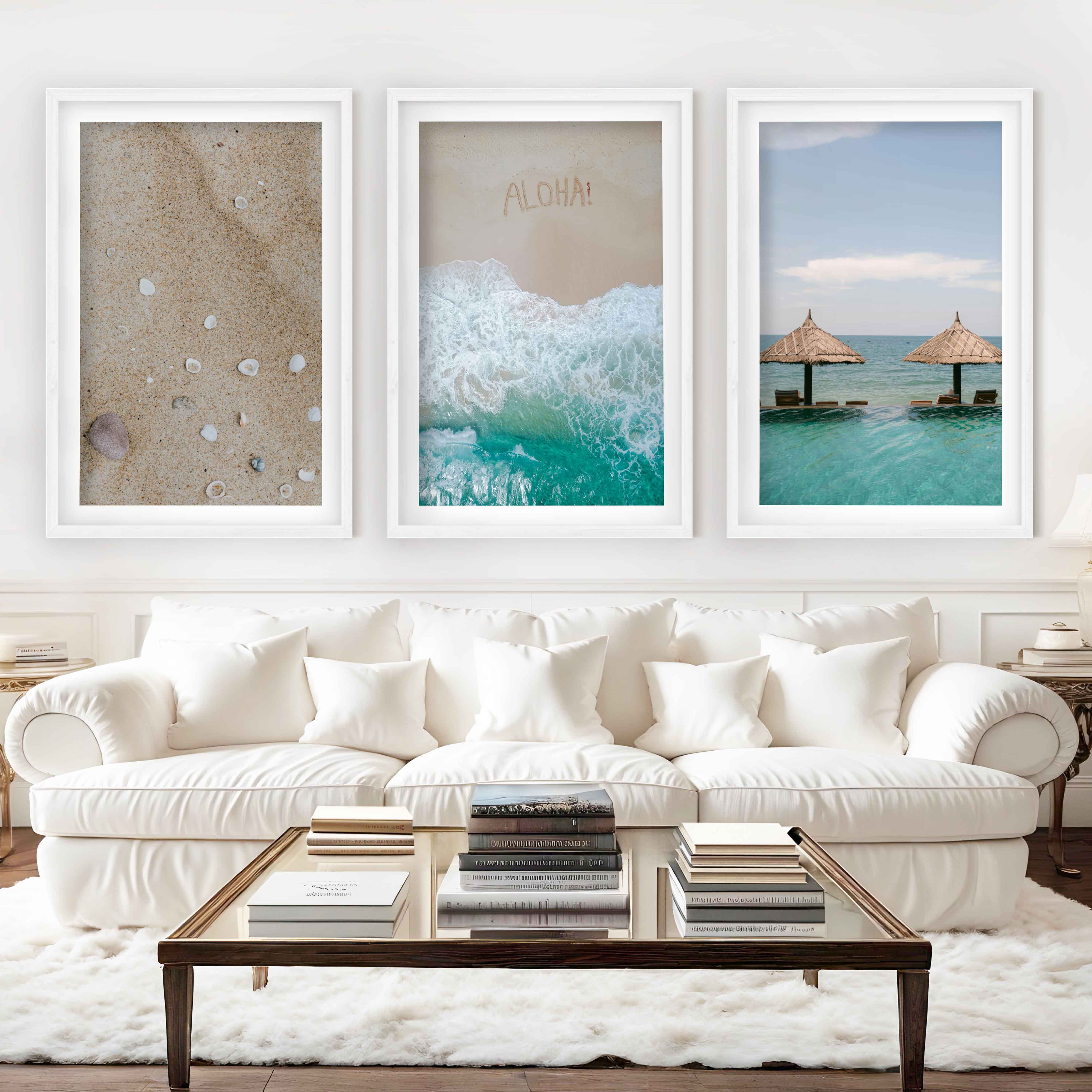 Tropical Beach Wall Art Set – Relaxing Coastal Print Trio - White Framed Poster with White Border - Artworksets