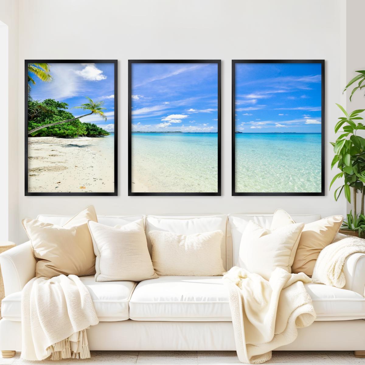 Tropical Coastal Wall Art – Clear Water and Leaning Palm - Black Framed Poster No Border - Artworksets