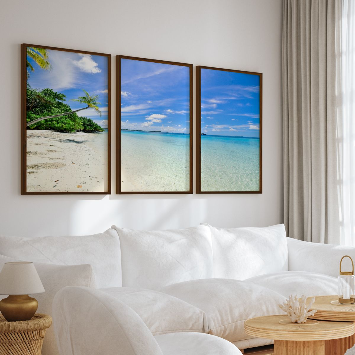 Tropical Coastal Wall Art – Clear Water and Leaning Palm - Dark Brown Framed Poster No Border - Artworksets