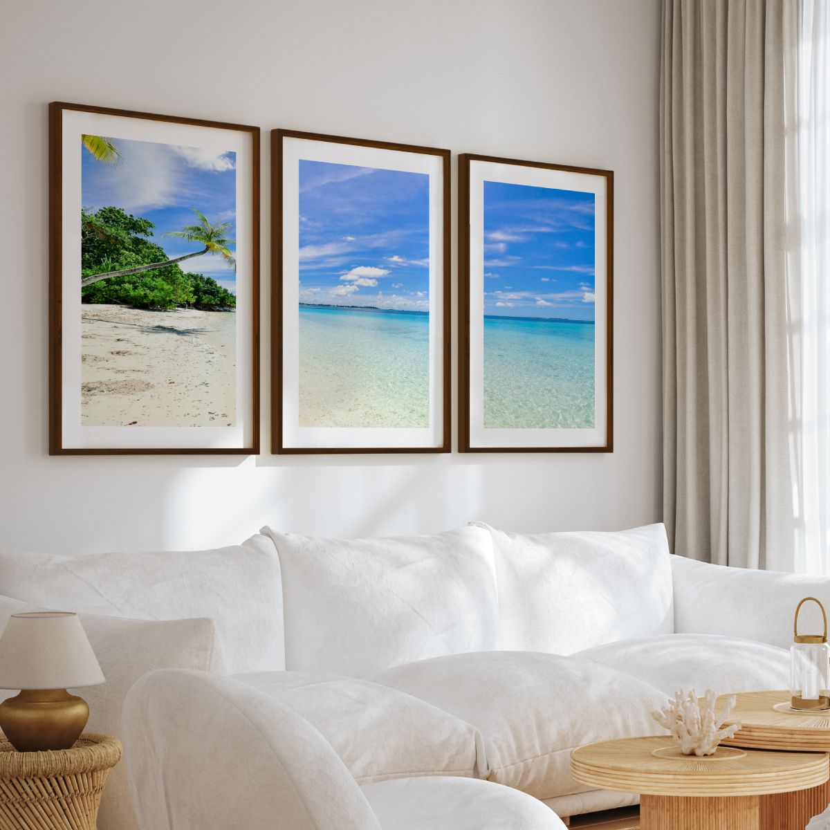 Tropical Coastal Wall Art – Clear Water and Leaning Palm - Dark Brown Framed Poster with White Border - Artworksets