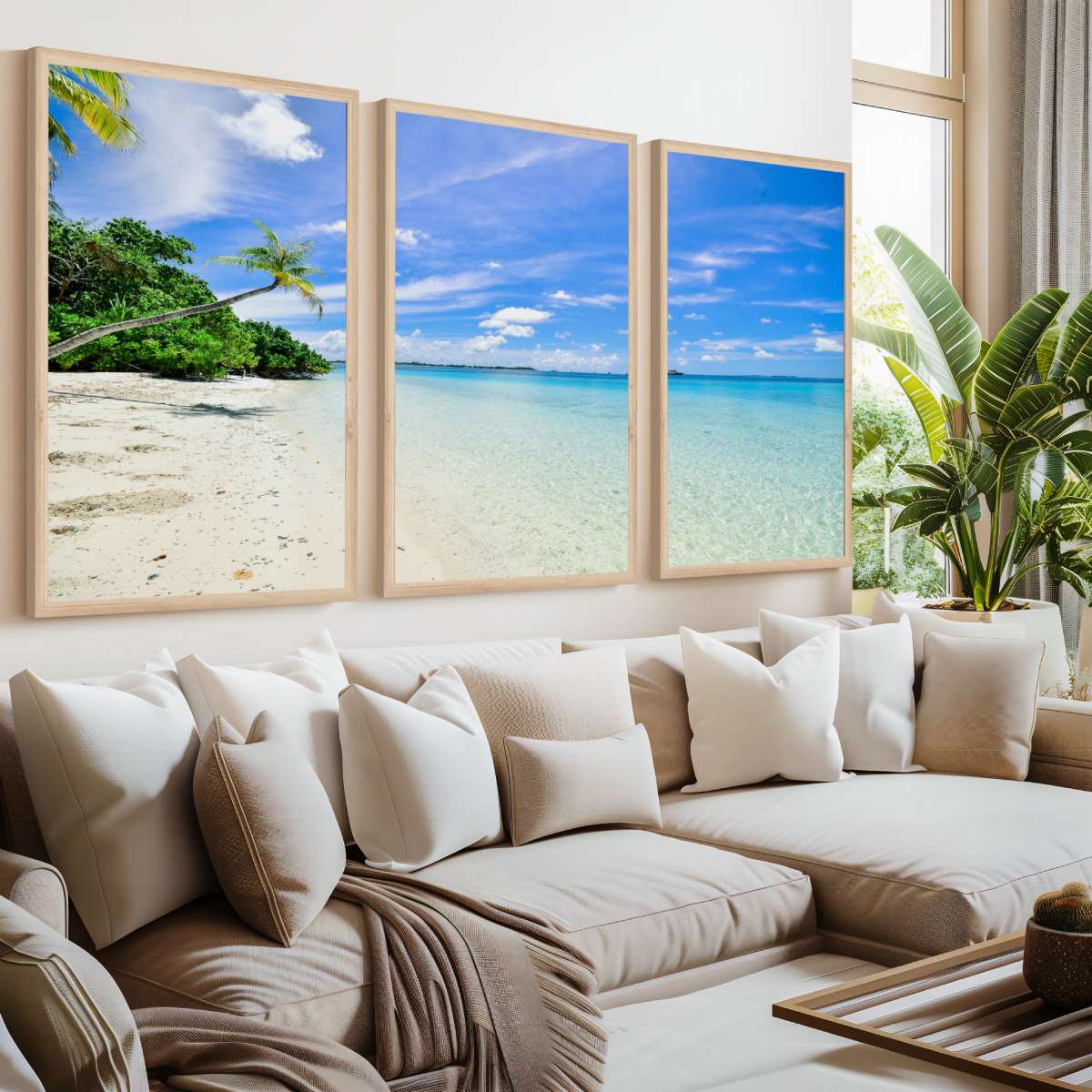 Tropical Coastal Wall Art – Clear Water and Leaning Palm - Natural Wood Framed Poster No Border - Artworksets