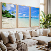 Tropical Coastal Wall Art – Clear Water and Leaning Palm - Natural Wood Framed Poster No Border - Artworksets