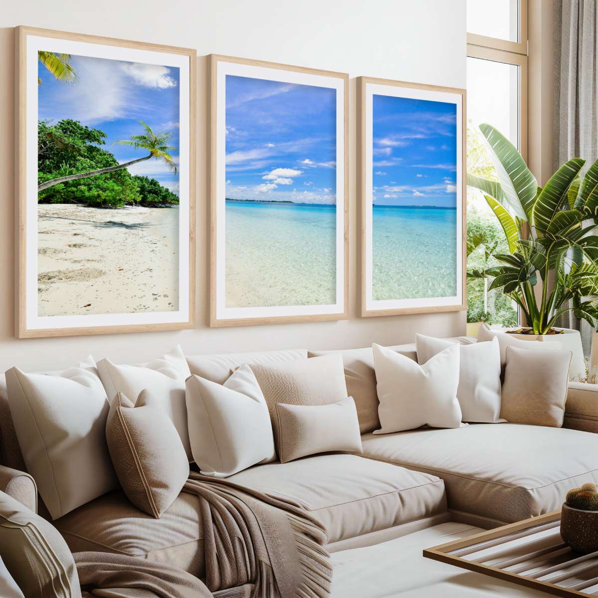 Tropical Coastal Wall Art – Clear Water and Leaning Palm- Natural Wood Framed Poster with White Border - Artworksets