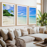 Tropical Coastal Wall Art – Clear Water and Leaning Palm- Natural Wood Framed Poster with White Border - Artworksets