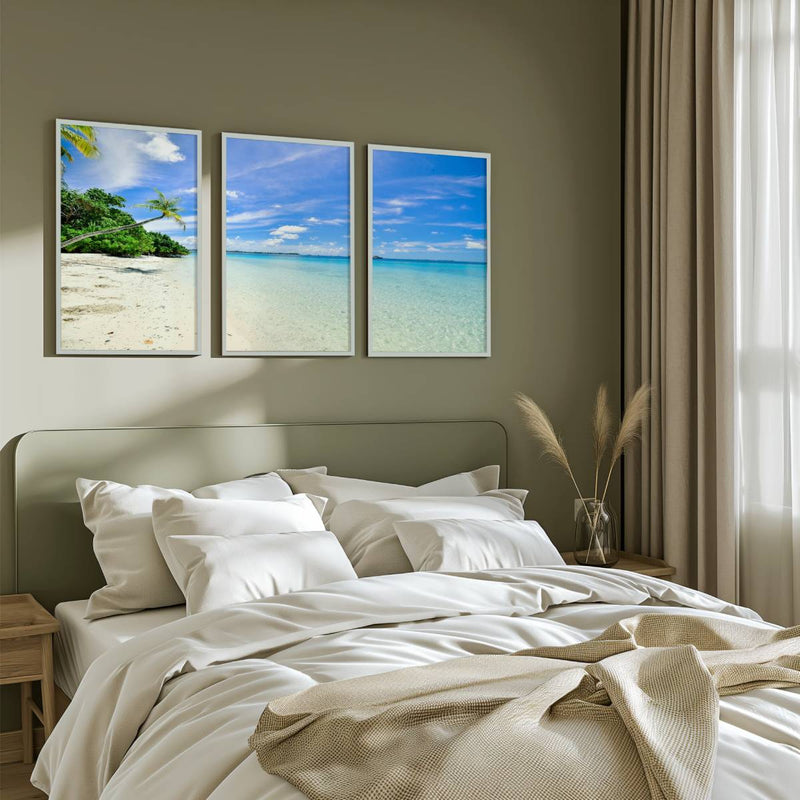 Tropical Coastal Wall Art – Clear Water and Leaning Palm - White Framed Poster No Border - Artworksets