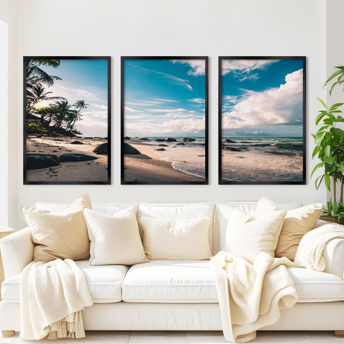 Tropical Coastal Wall Art – Palm Trees, Ocean and Rocks - Black Framed Poster No Border - Artworksets