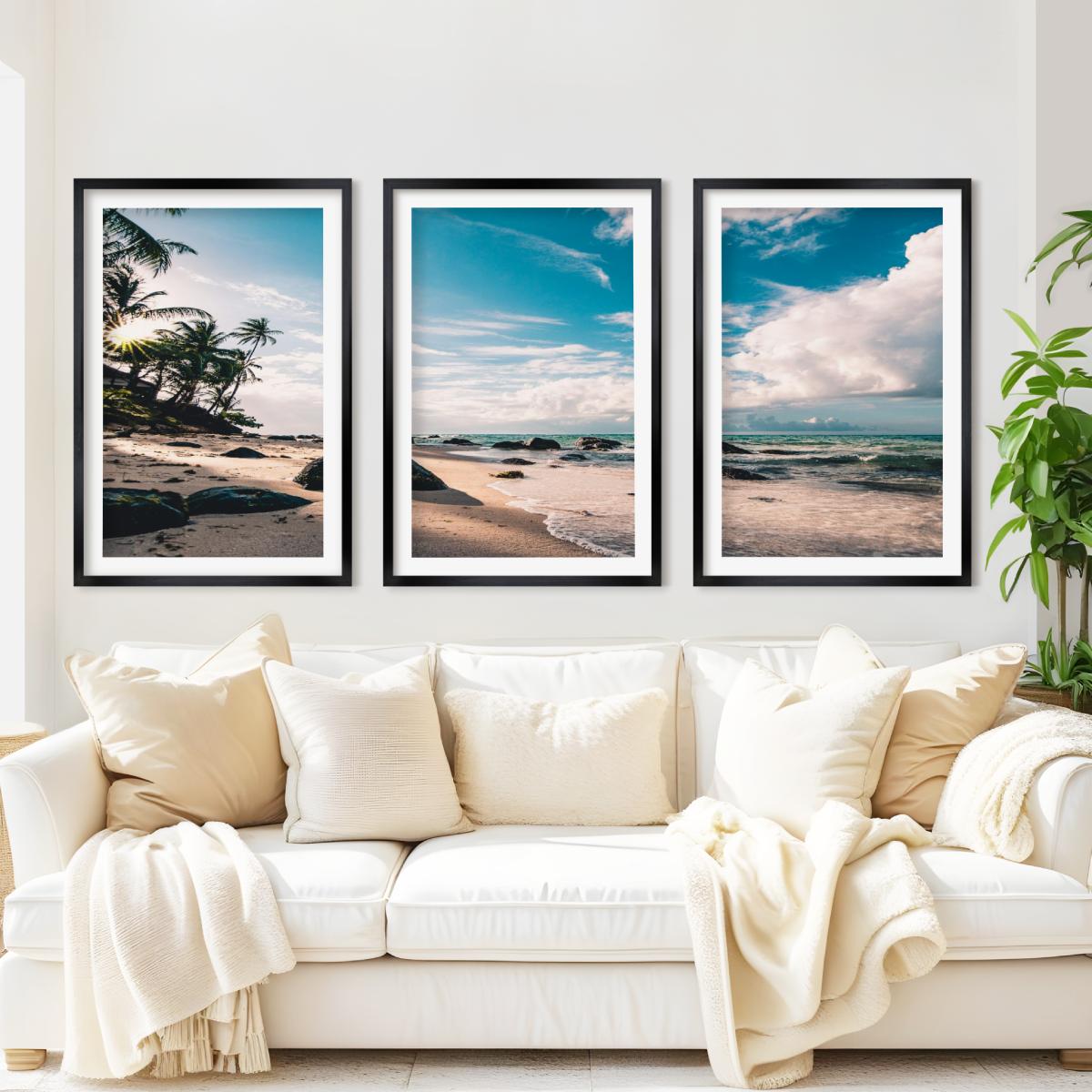 Tropical Coastal Wall Art – Palm Trees, Ocean and Rocks - Black Framed Poster with White Border - Artworksets
