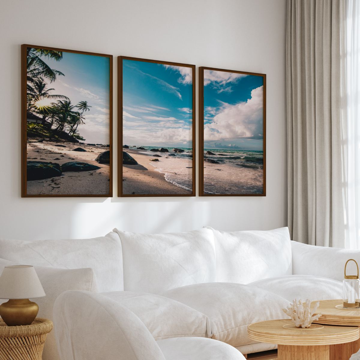Tropical Coastal Wall Art – Palm Trees, Ocean and Rocks - Dark Brown Framed Poster No Border - Artworksets
