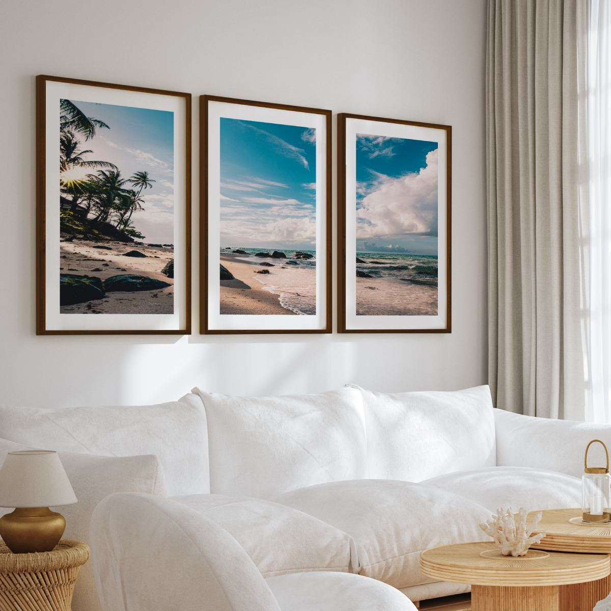 Tropical Coastal Wall Art – Palm Trees, Ocean and Rocks - Dark Brown Framed Poster with White Border - Artworksets