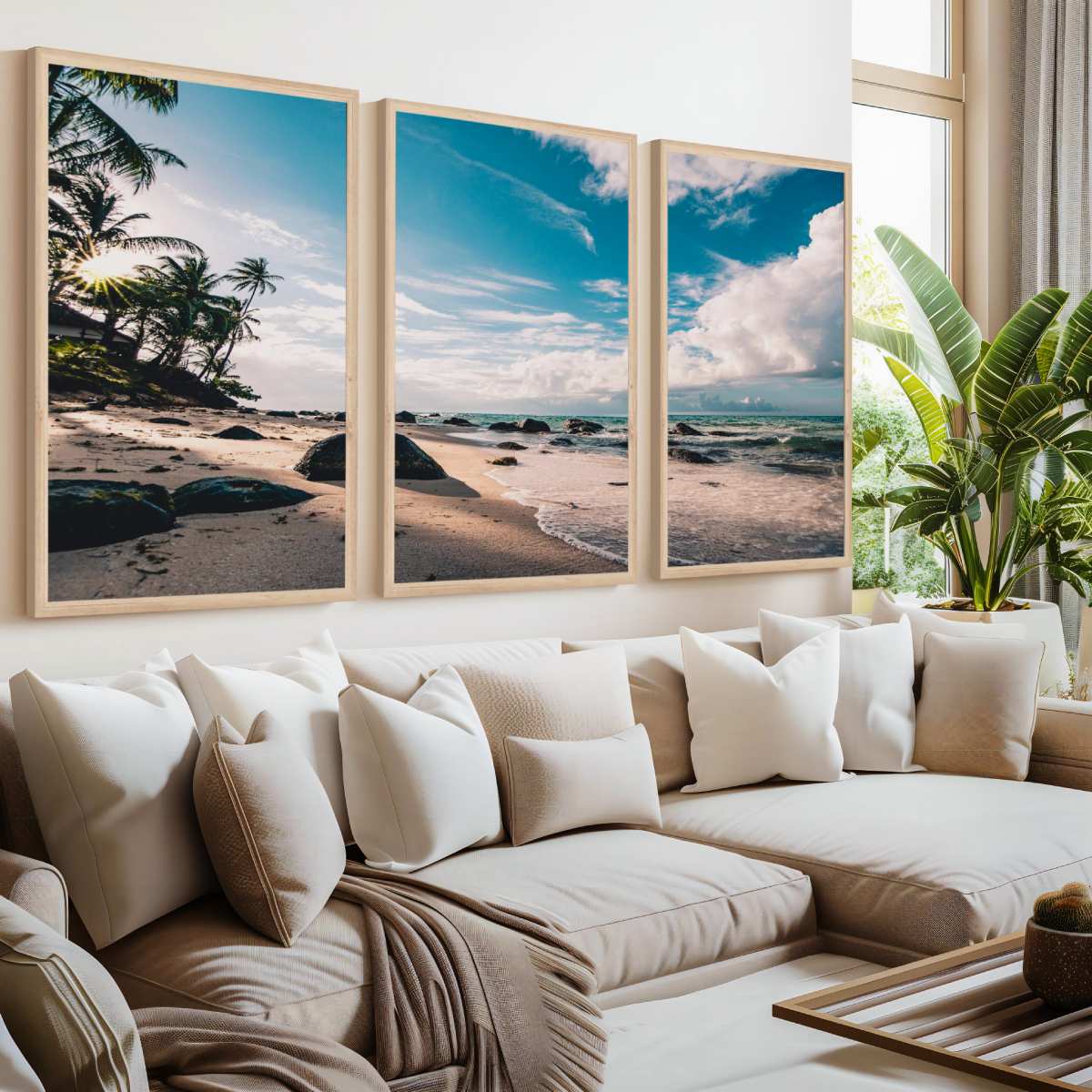 Tropical Coastal Wall Art – Palm Trees, Ocean and Rocks - Natural Wood Framed Poster No Border - Artworksets