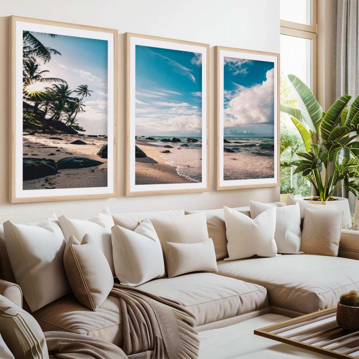 Tropical Coastal Wall Art – Palm Trees, Ocean and Rocks- Natural Wood Framed Poster with White Border - Artworksets