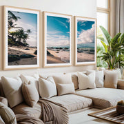 Tropical Coastal Wall Art – Palm Trees, Ocean and Rocks- Natural Wood Framed Poster with White Border - Artworksets