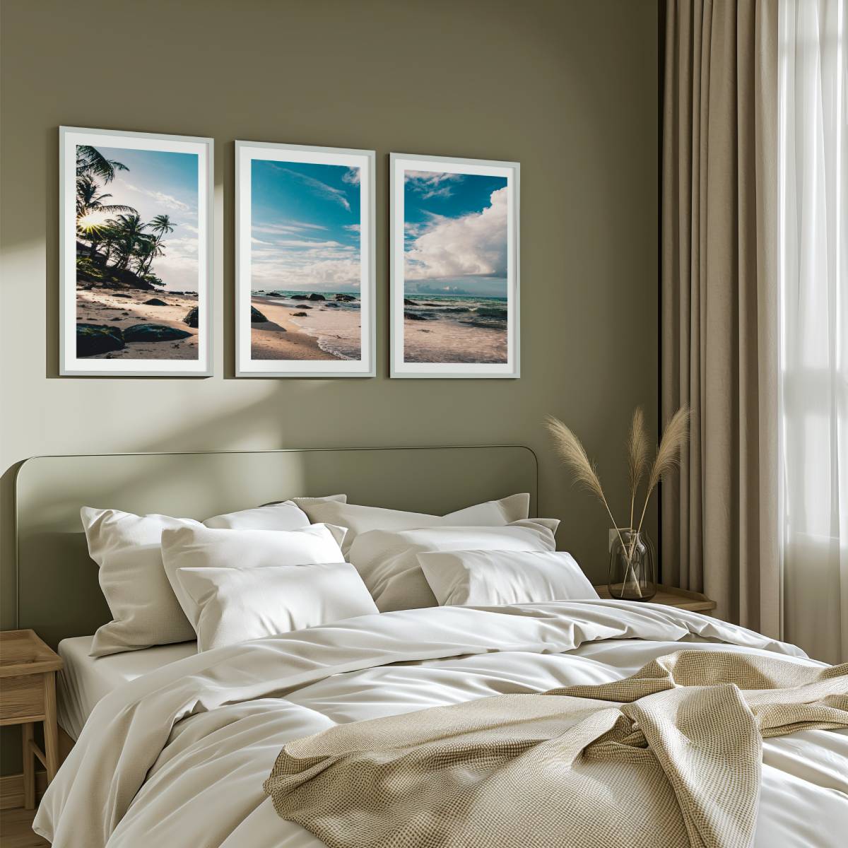 Tropical Coastal Wall Art – Palm Trees, Ocean and Rocks - White Framed Poster with White Border - Artworksets