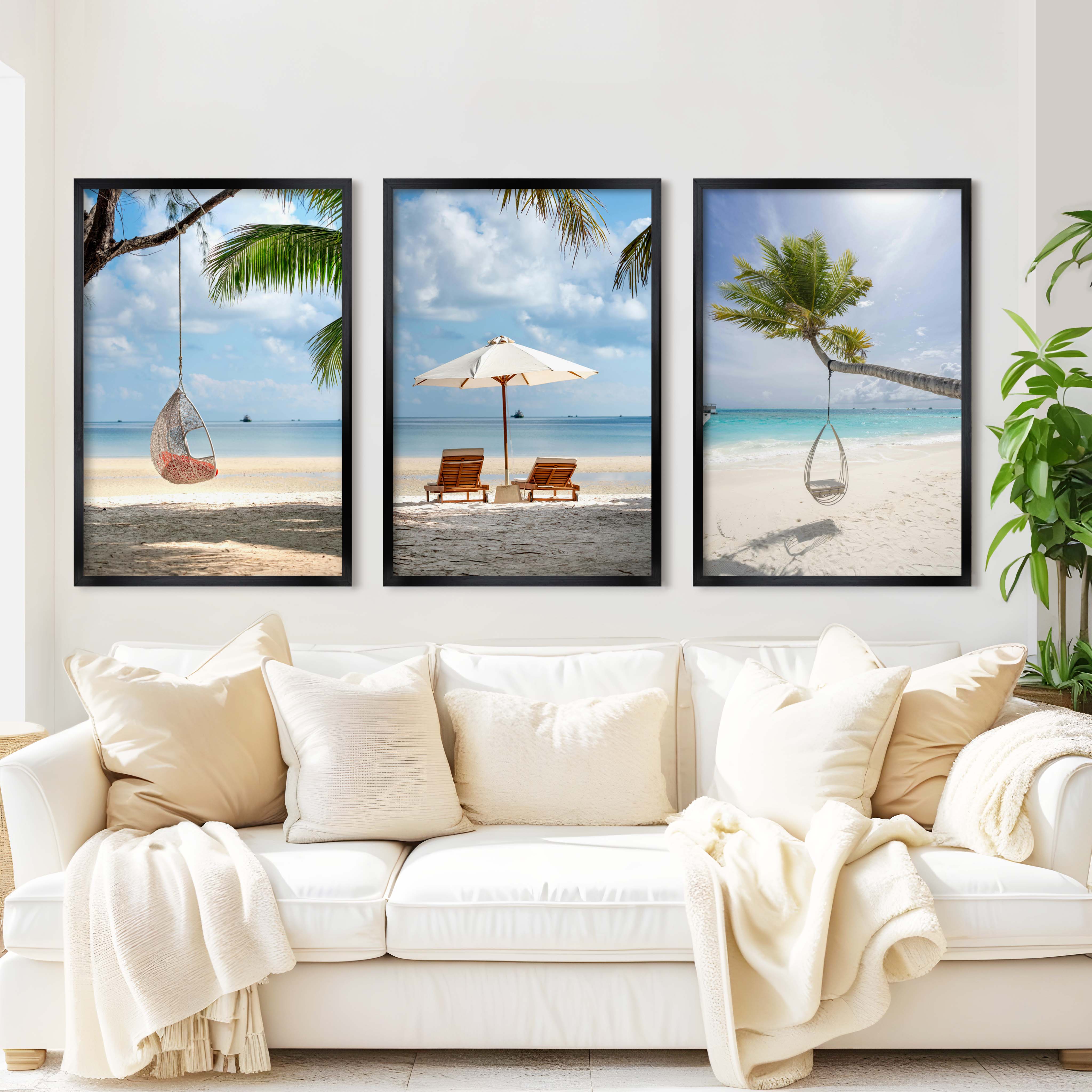 Tropical Coastal Wall Art Set – Relaxing Beach Vibes in 3 Prints - Black Framed Poster No Border - Artworksets