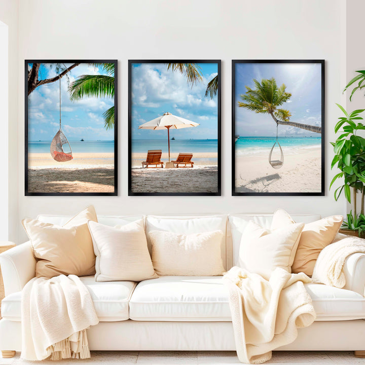 Tropical Coastal Wall Art Set – Relaxing Beach Vibes in 3 Prints - Black Framed Poster No Border - Artworksets