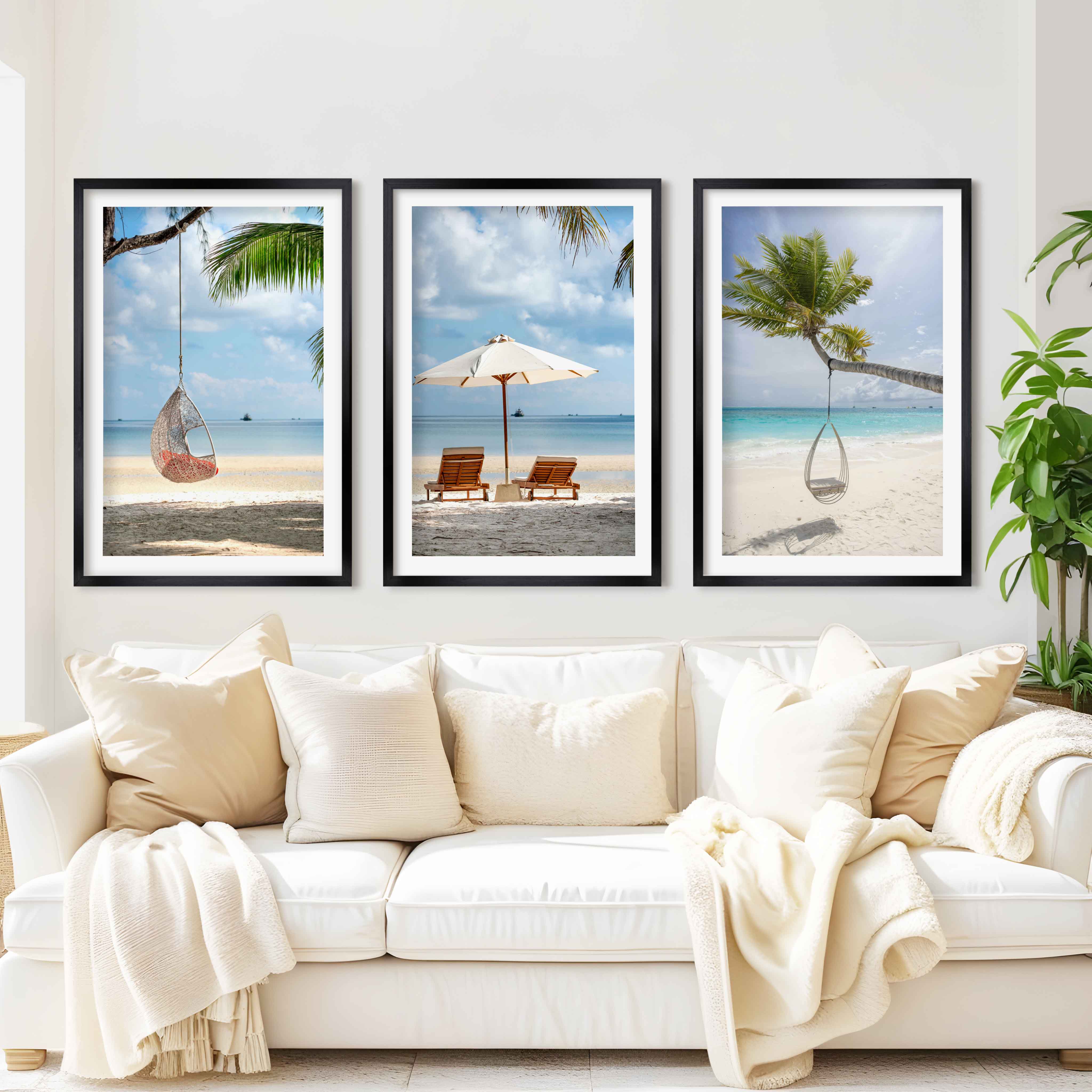Tropical Coastal Wall Art Set – Relaxing Beach Vibes in 3 Prints - Black Framed Poster with White Border - Artworksets