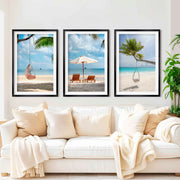 Tropical Coastal Wall Art Set – Relaxing Beach Vibes in 3 Prints - Black Framed Poster with White Border - Artworksets