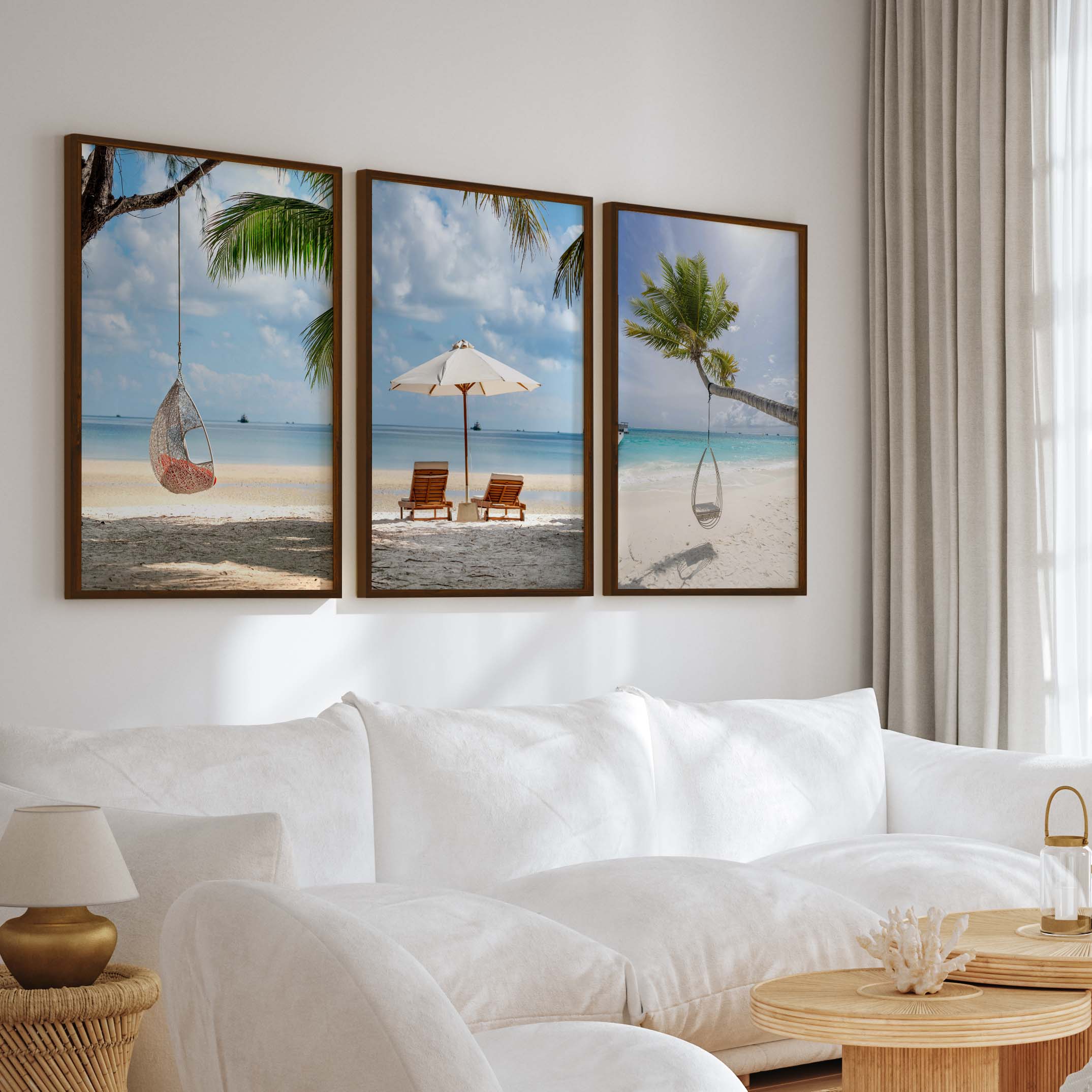 Tropical Coastal Wall Art Set – Relaxing Beach Vibes in 3 Prints - Dark Brown Framed Poster No Border - Artworksets