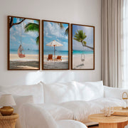 Tropical Coastal Wall Art Set – Relaxing Beach Vibes in 3 Prints - Dark Brown Framed Poster No Border - Artworksets