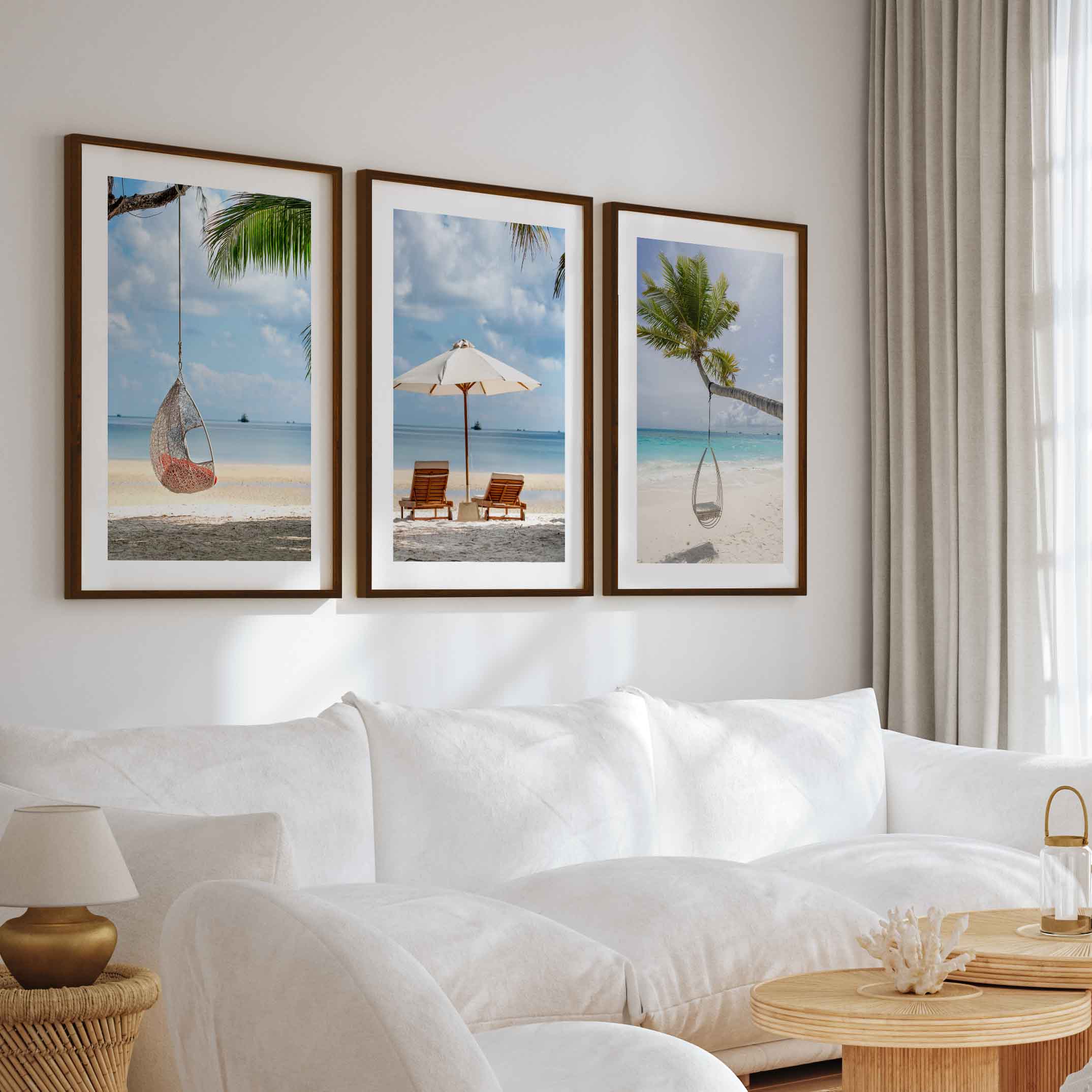 Tropical Coastal Wall Art Set – Relaxing Beach Vibes in 3 Prints - Dark Brown Framed Poster with White Border - Artworksets