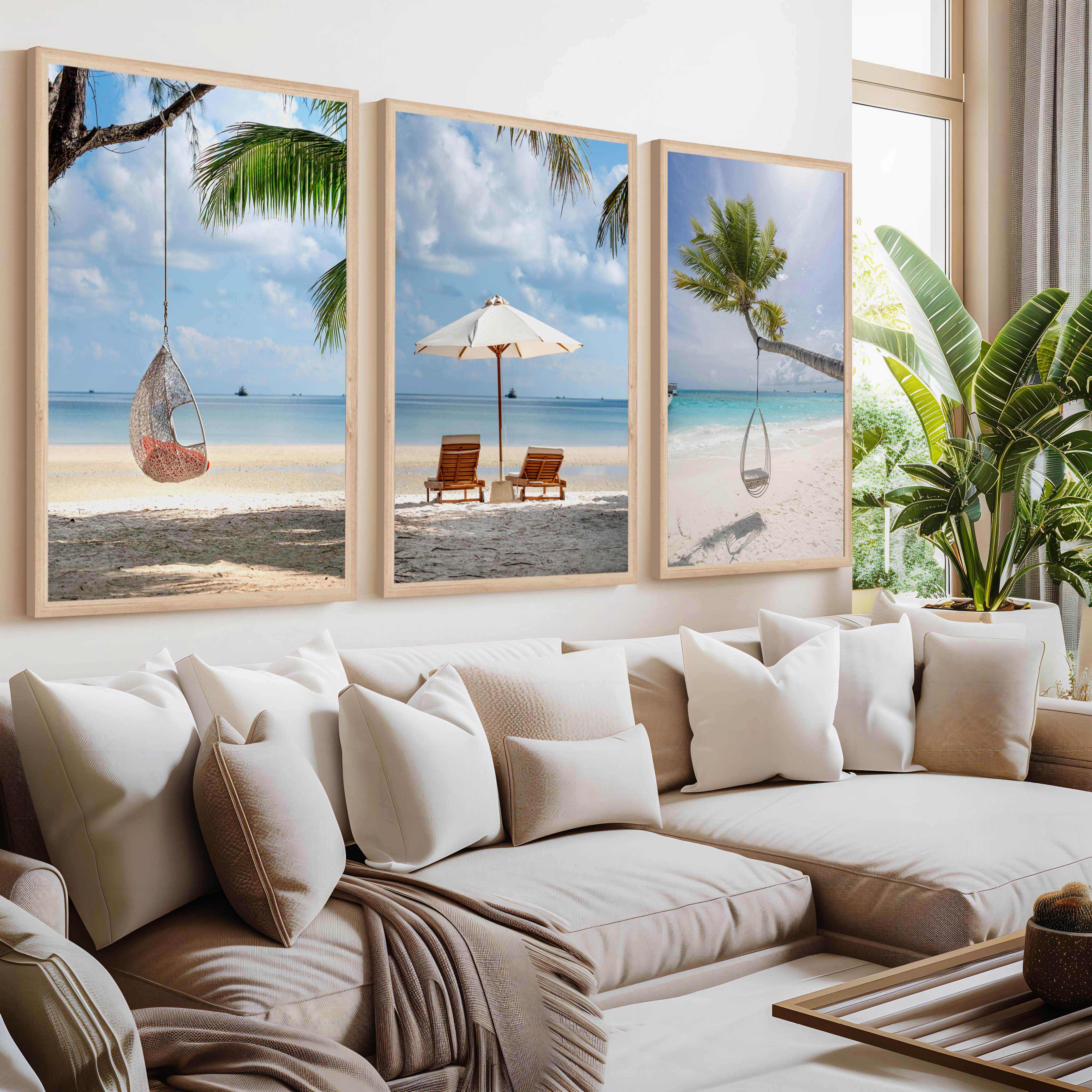 Tropical Coastal Wall Art Set – Relaxing Beach Vibes in 3 Prints - Natural Wood Framed Poster No Border - Artworksets