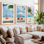 Tropical Coastal Wall Art Set – Relaxing Beach Vibes in 3 Prints- Natural Wood Framed Poster with White Border - Artworksets