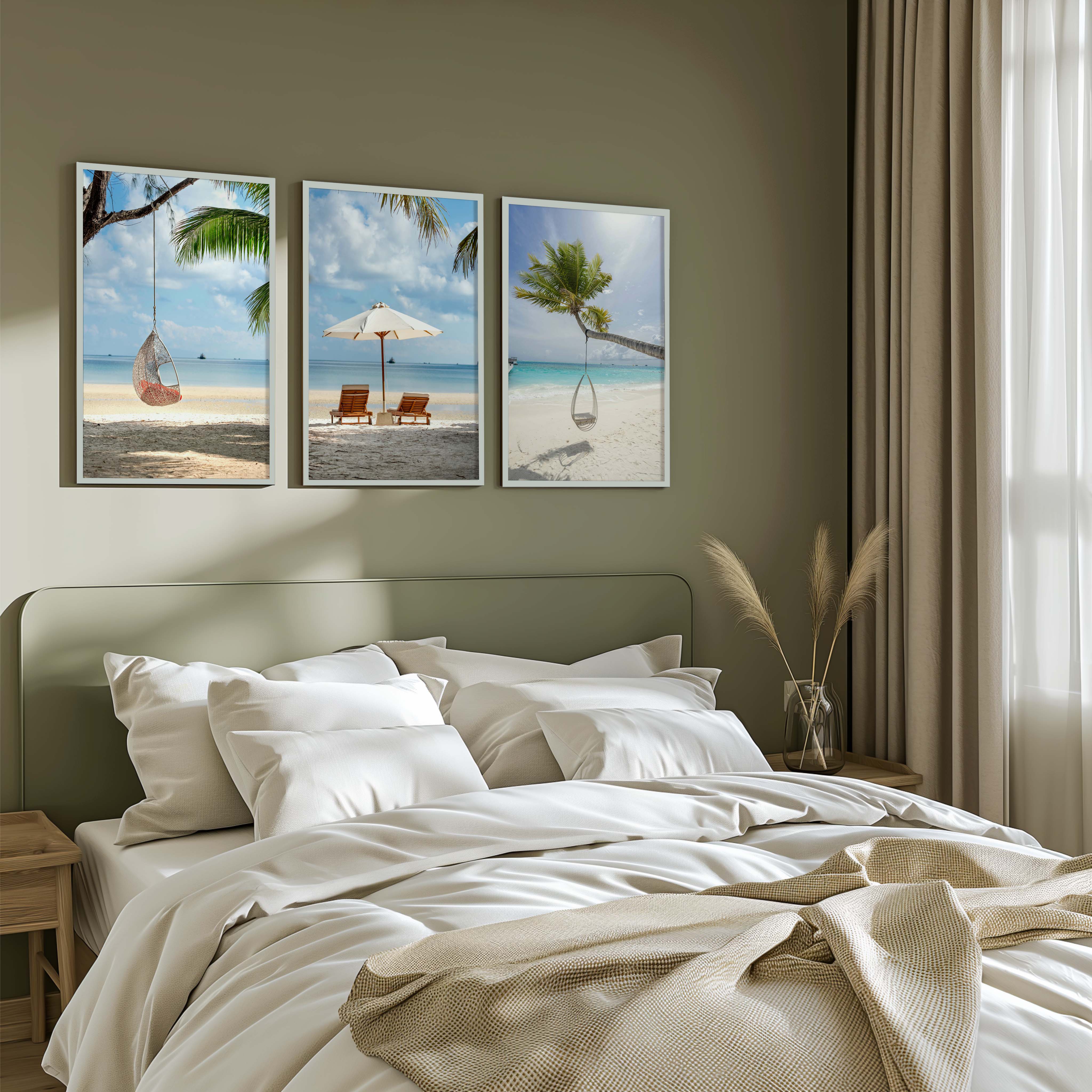 Tropical Coastal Wall Art Set – Relaxing Beach Vibes in 3 Prints - White Framed Poster No Border - Artworksets
