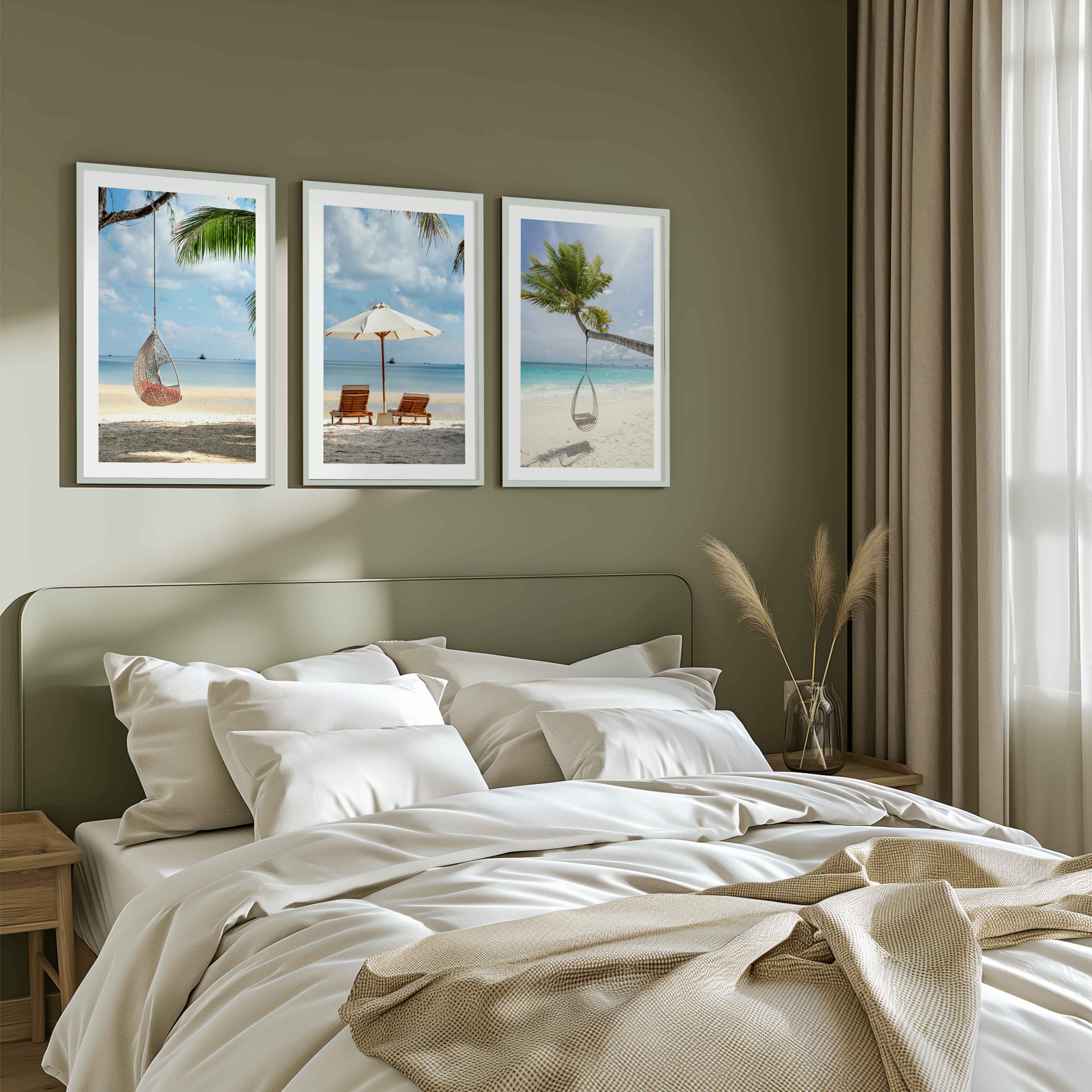 Tropical Coastal Wall Art Set – Relaxing Beach Vibes in 3 Prints - White Framed Poster with White Border - Artworksets