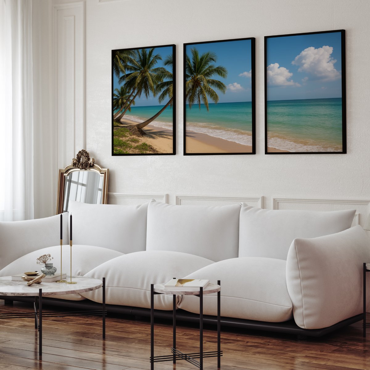 Tropical Palm Beach Triptych Wall Art – Blue Sky & Ocean View - Black Framed Poster No Border - Artworksets