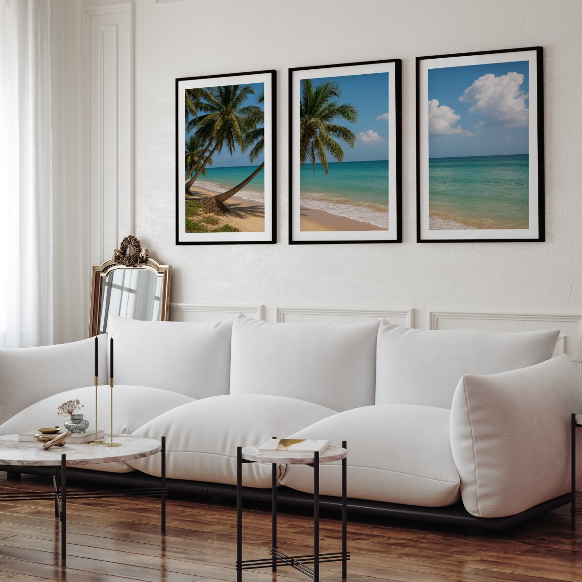 Tropical Palm Beach Triptych Wall Art – Blue Sky & Ocean View - Black Framed Poster with White Border - Artworksets