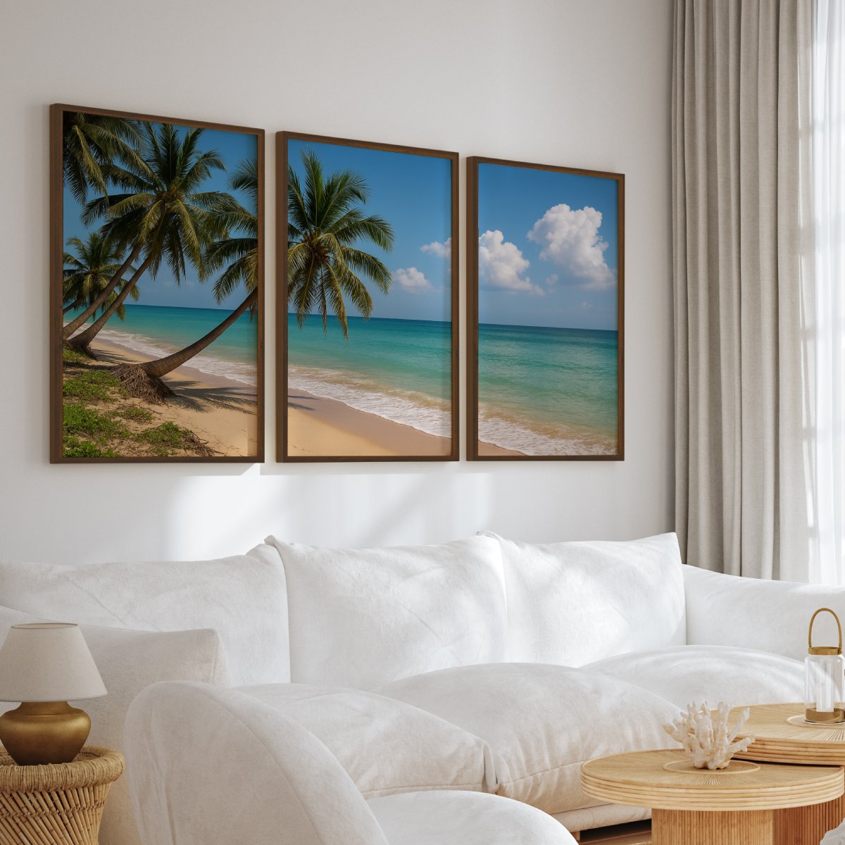 Tropical Palm Beach Triptych Wall Art – Blue Sky & Ocean View - Dark Brown Framed Poster No Border - Artworksets