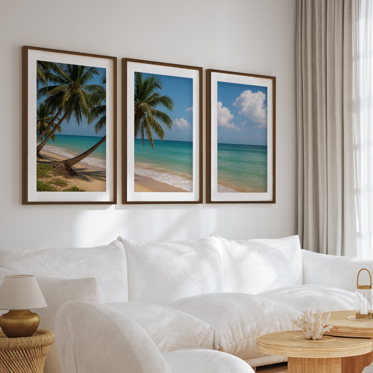 Tropical Palm Beach Triptych Wall Art – Blue Sky & Ocean View - Dark Brown Framed Poster with White Border - Artworksets