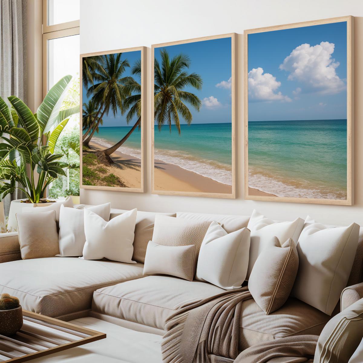 Tropical Palm Beach Triptych Wall Art – Blue Sky & Ocean View - Natural Wood Framed Poster No Border - Artworksets