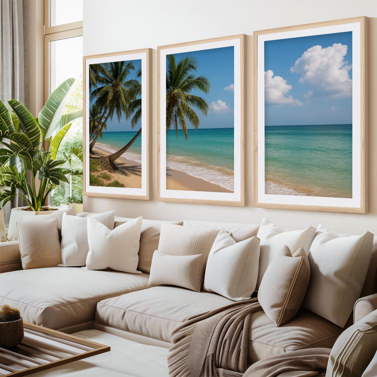 Tropical Palm Beach Triptych Wall Art – Blue Sky & Ocean View- Natural Wood Framed Poster with White Border - Artworksets