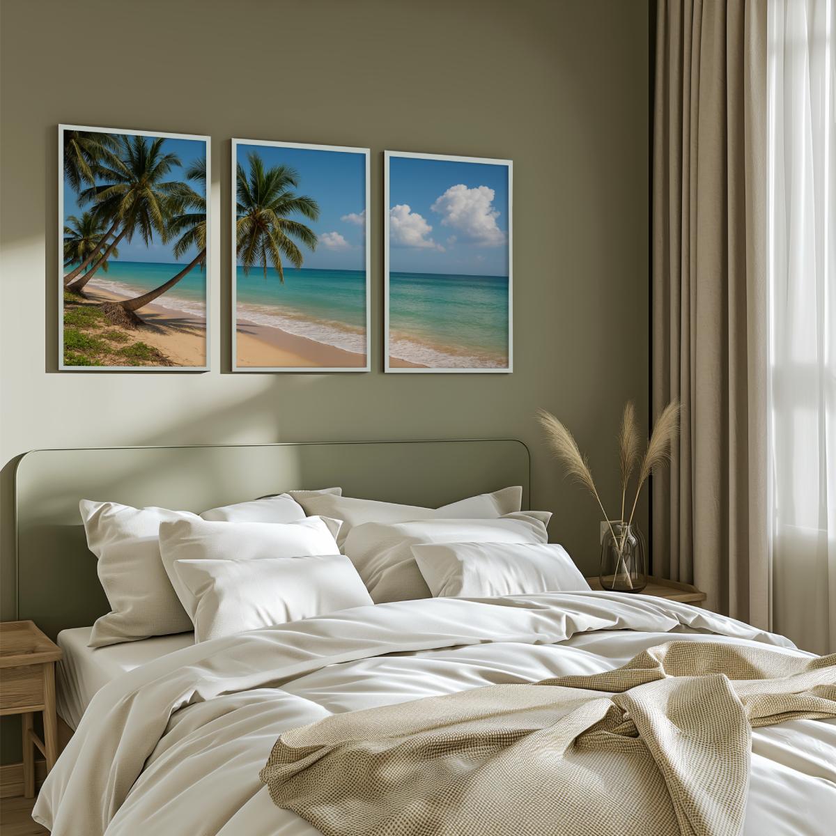 Tropical Palm Beach Triptych Wall Art – Blue Sky & Ocean View - White Framed Poster No Border - Artworksets