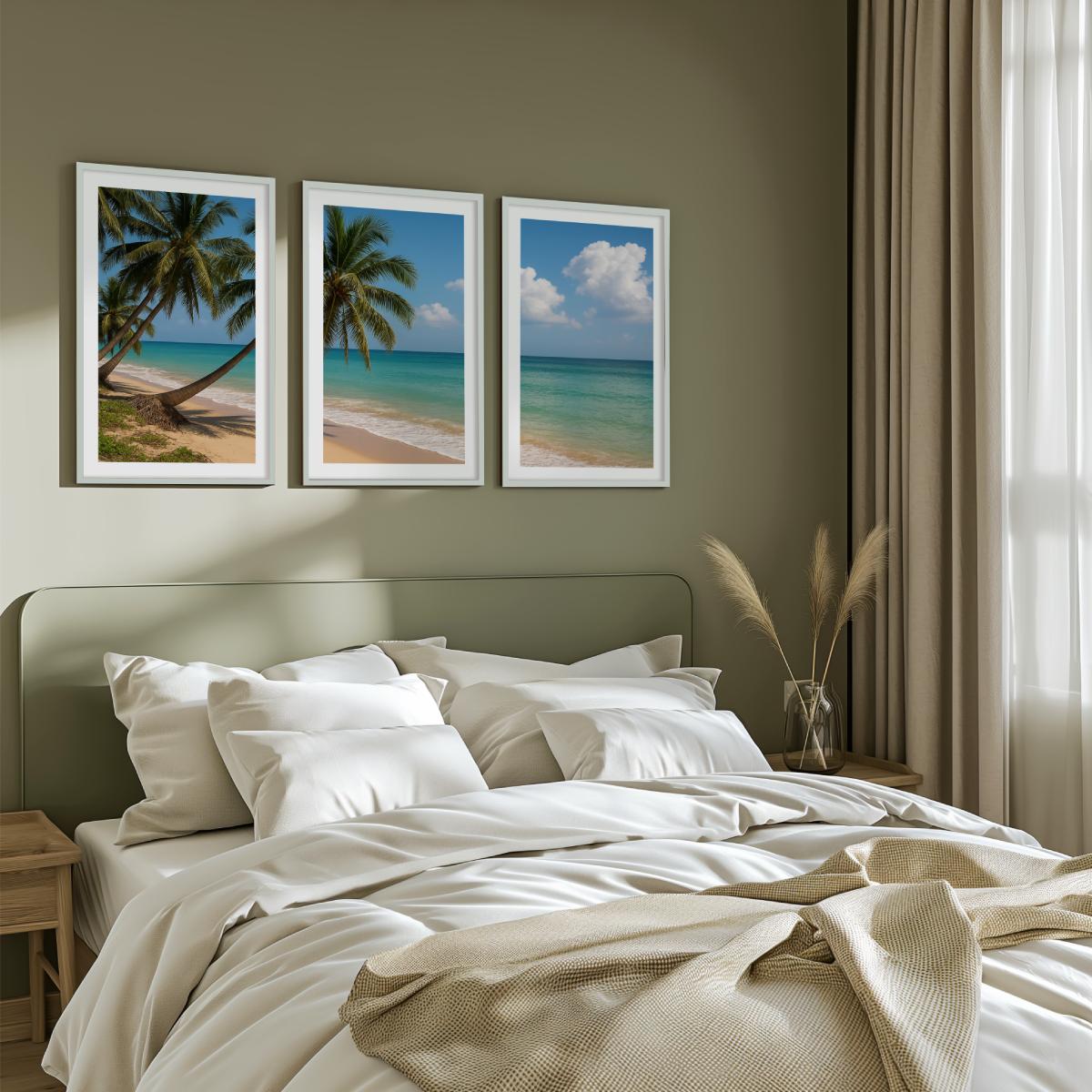 Tropical Palm Beach Triptych Wall Art – Blue Sky & Ocean View - White Framed Poster with White Border - Artworksets