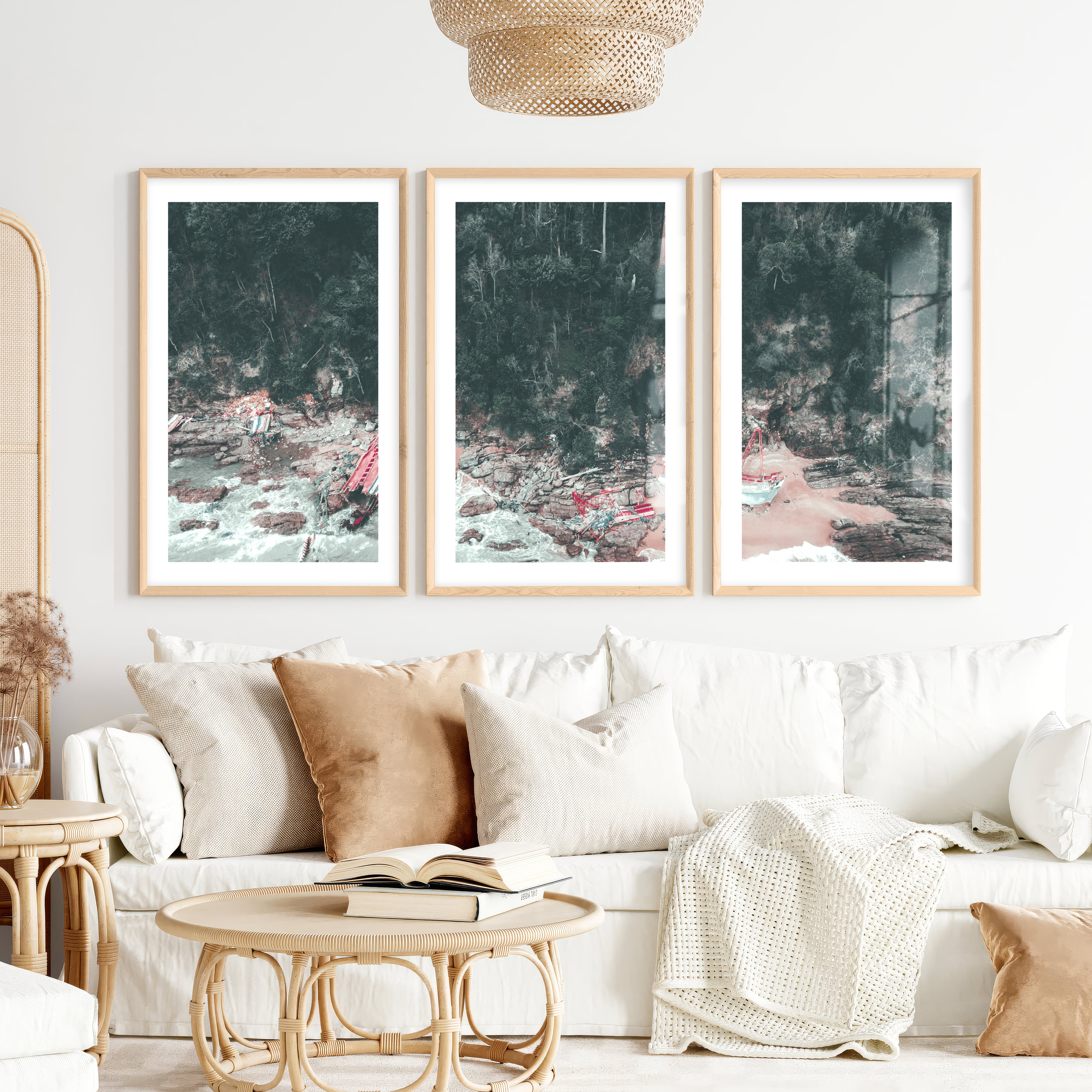 Shipwreck Cove Unique Beach Wall Art- Natural Wood Framed Poster with White Border - Artworksets