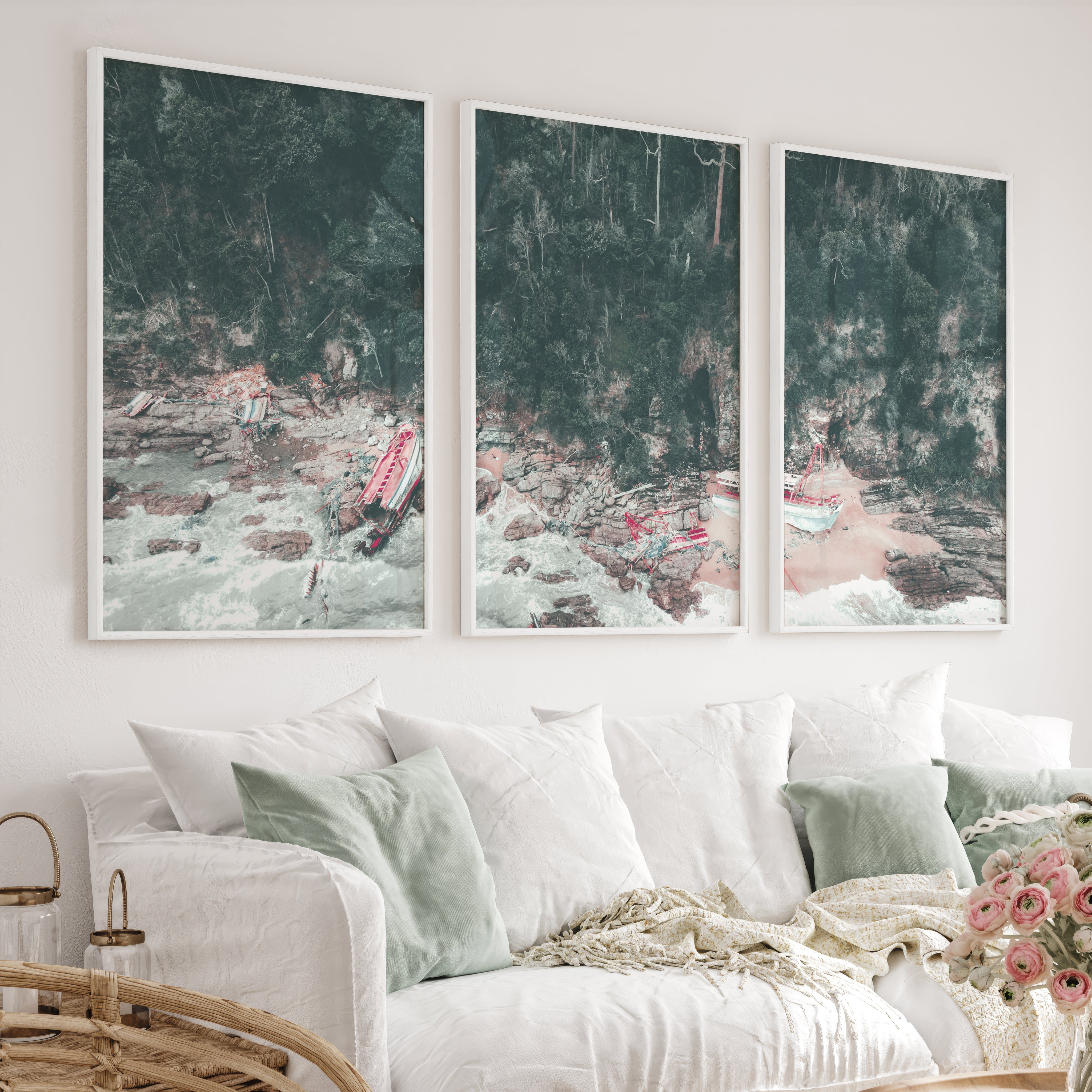 Shipwreck Cove Unique Beach Wall Art - White Framed Poster No Border - Artworksets