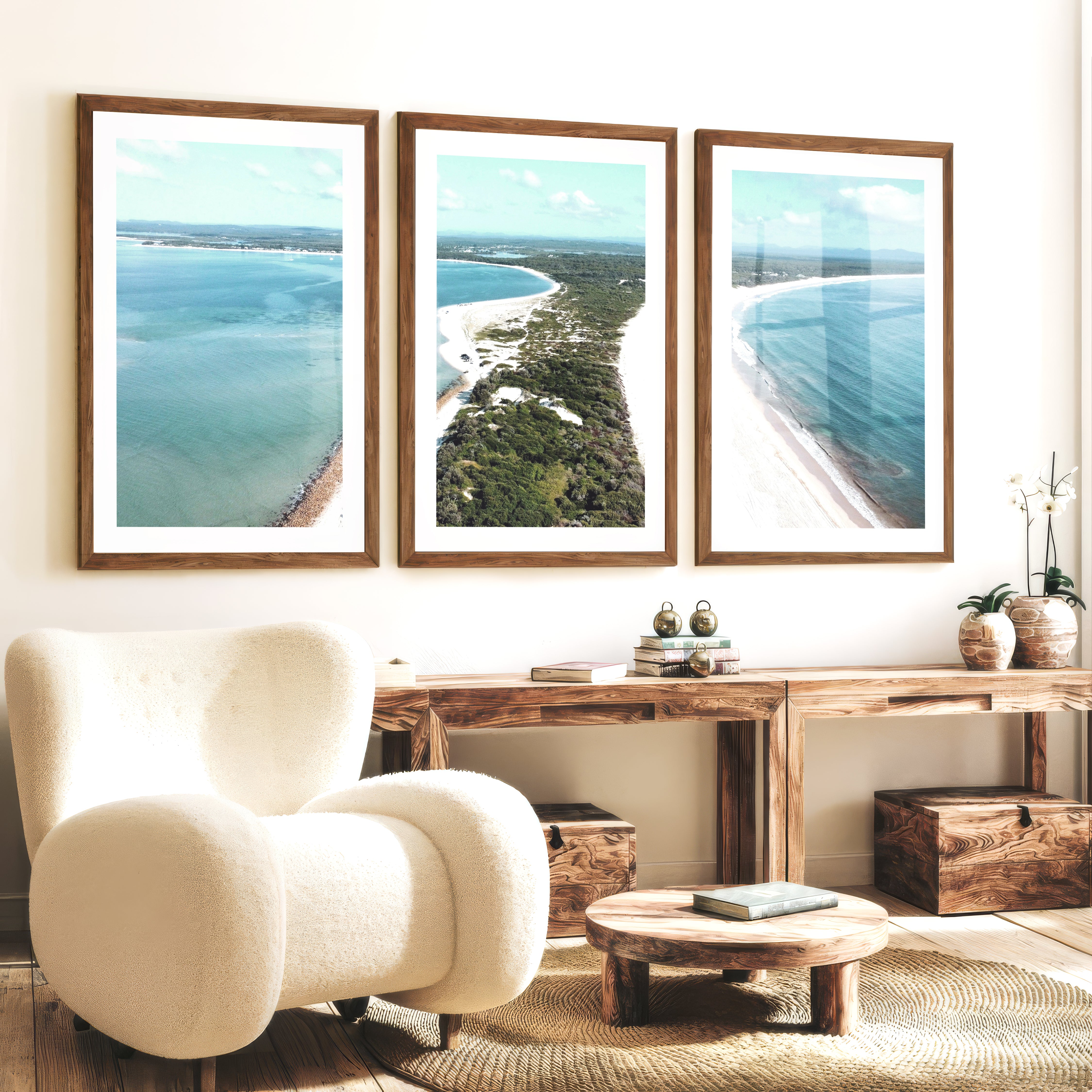 Twin Coastline unique coastal wall art - Dark Brown Framed Poster with White Border - Artworksets