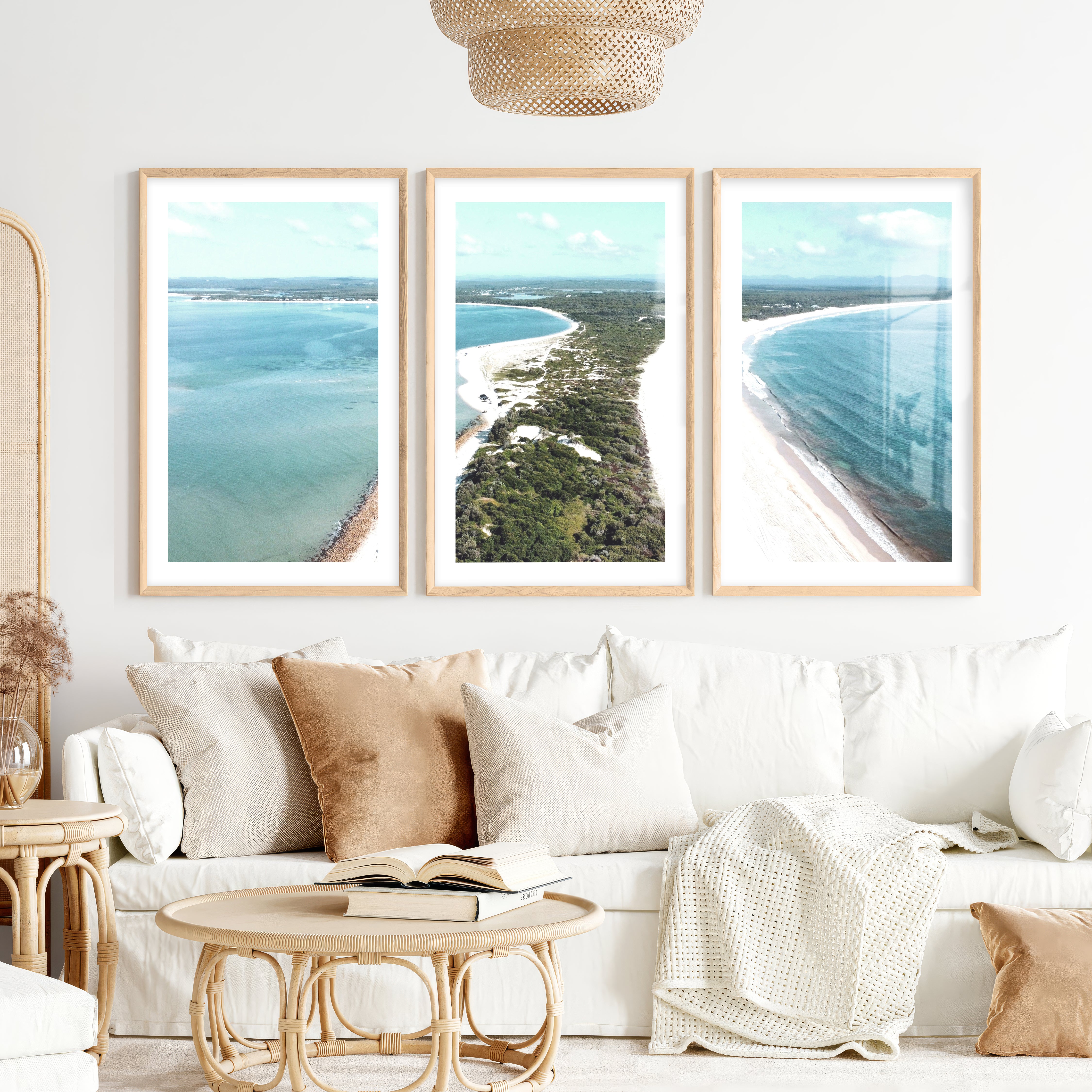 Twin Coastline unique coastal wall art- Natural Wood Framed Poster with White Border - Artworksets