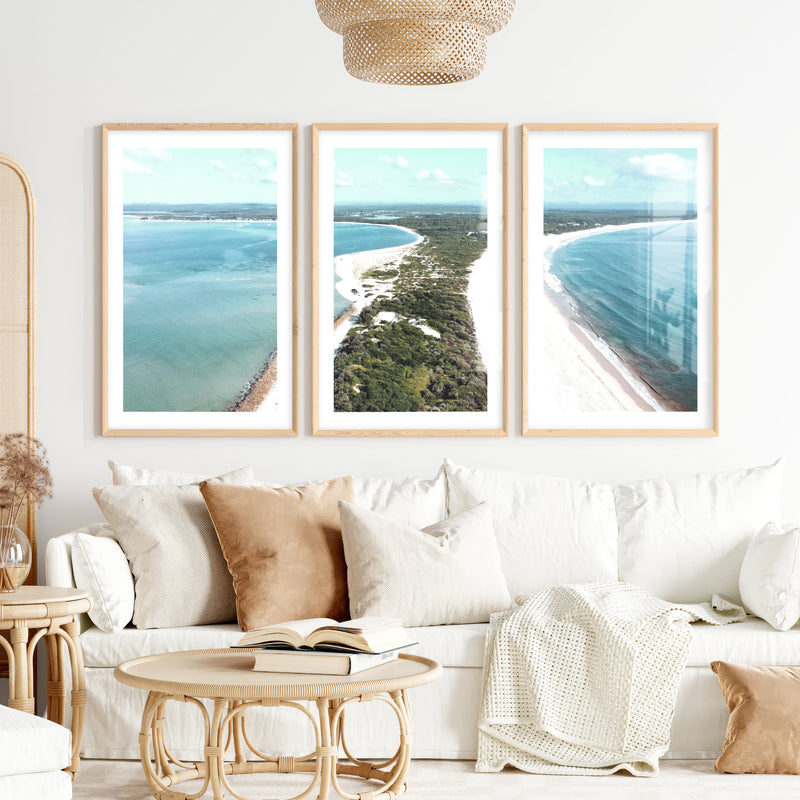 Twin Coastline unique coastal wall art- Natural Wood Framed Poster with White Border - Artworksets