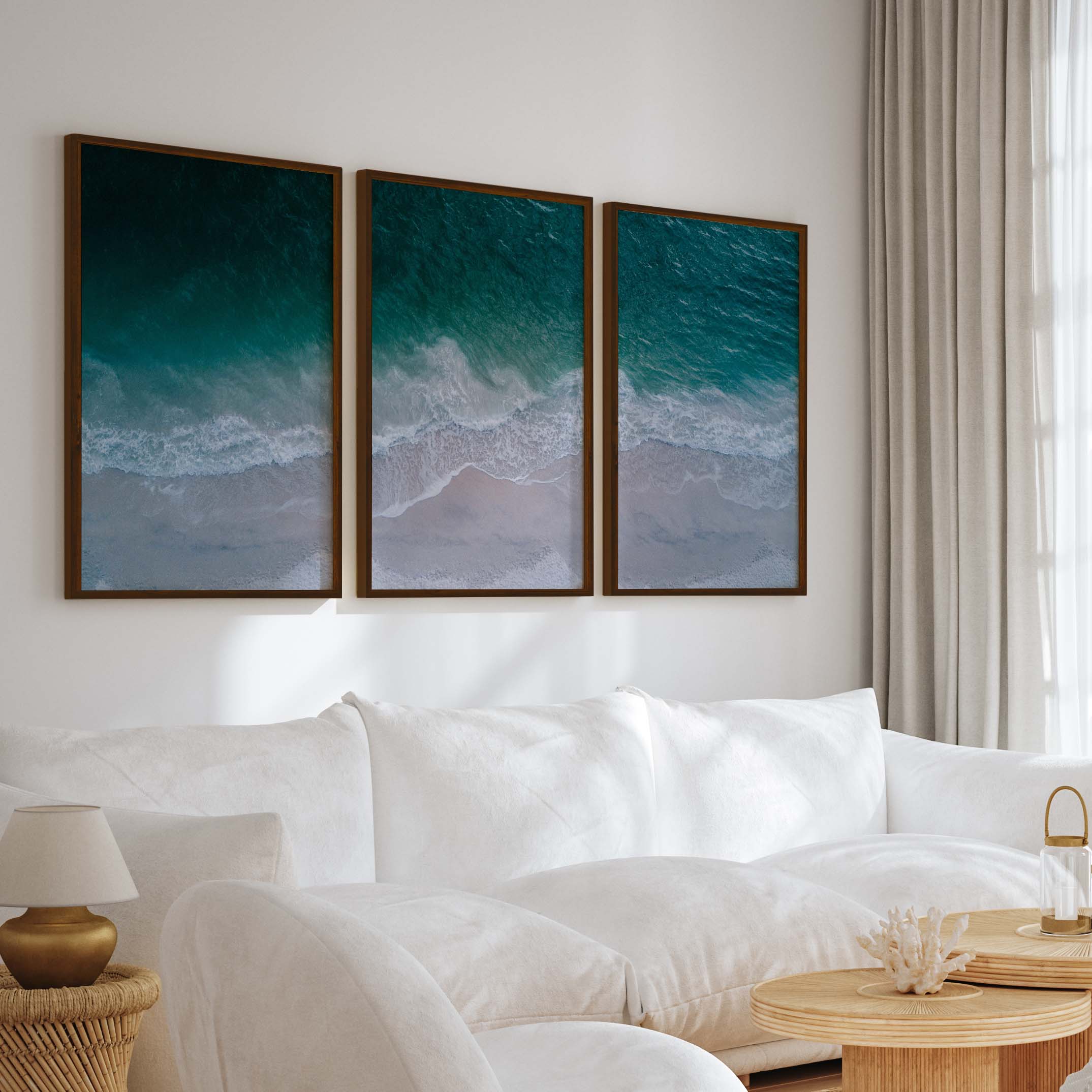 Unique Coastal Wall Decor – Deep Sea Waves and Shoreline View - Dark Brown Framed Poster No Border - Artworksets