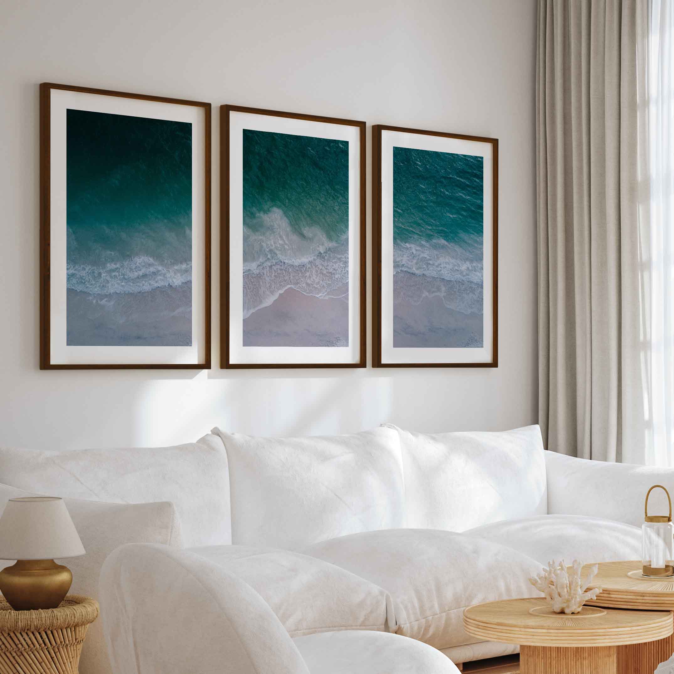 Unique Coastal Wall Decor – Deep Sea Waves and Shoreline View - Dark Brown Framed Poster with White Border - Artworksets
