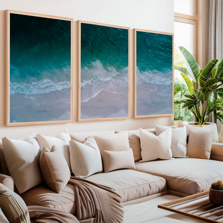 Unique Coastal Wall Decor – Deep Sea Waves and Shoreline View - Natural Wood Framed Poster No Border - Artworksets